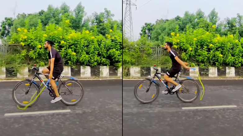 Άνδρας κάνει σχοινάκι και ποδήλατο ταυτόχρονα