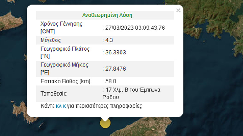 Σεισμική δόνηση 4,3 Ρίχτερ ανοιχτά της Ρόδου