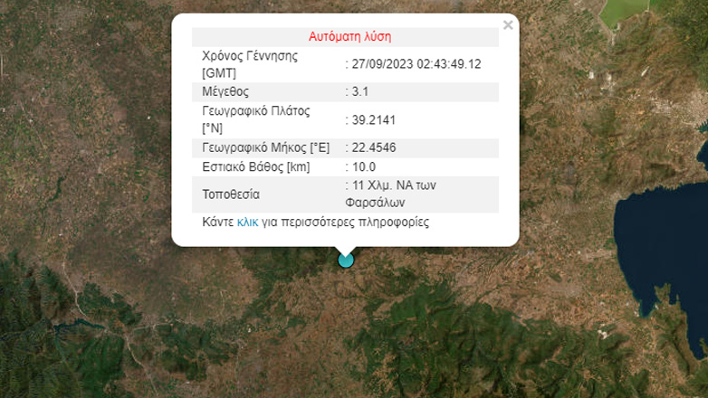 Σεισμός 3,1 Ρίχτερ στα Φάρσαλα