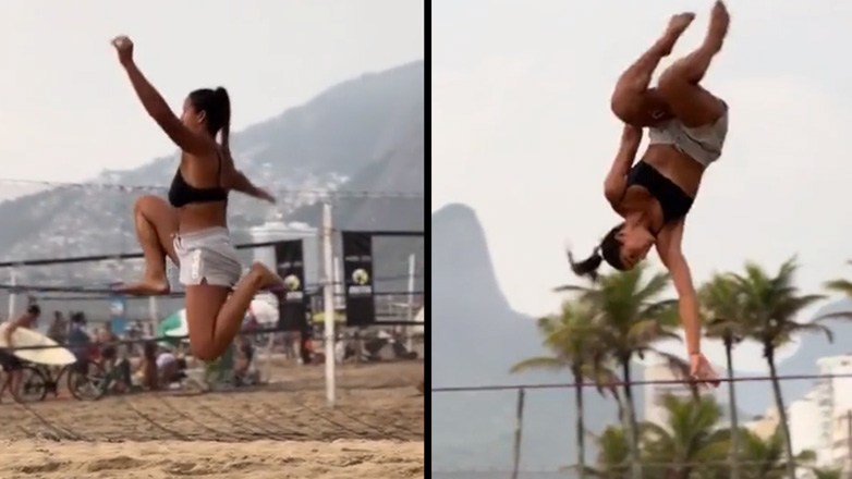 Γυναίκα ακροβατεί σε slackline