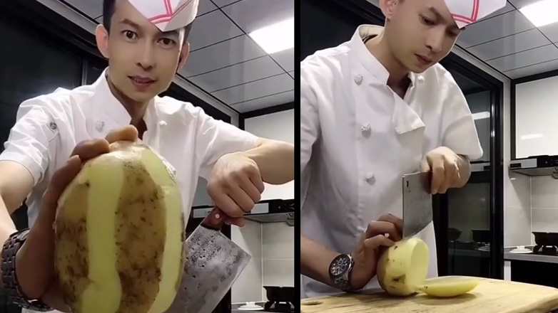 Σεφ κόβει πατάτες σε σχήμα φυσαρμόνικας