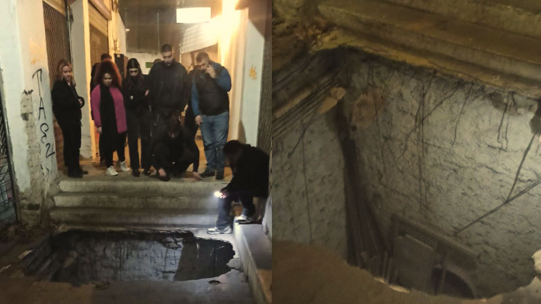Θεσσαλονίκη: Σε τρύπα τριών μέτρων έπεσαν δύο νεαροί στο Μπιτ Παζάρ όταν υποχώρησε το οδόστρωμα