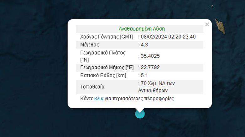 Σεισμός 4,3 Ρίχτερ ανοιχτά των Αντικυθήρων