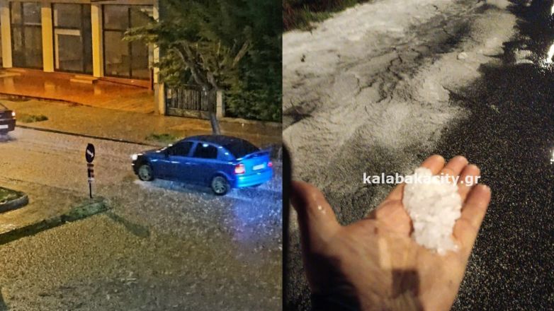 Σφοδρή χαλαζόπτωση σε Τρίκαλα και Καλαμπάκα