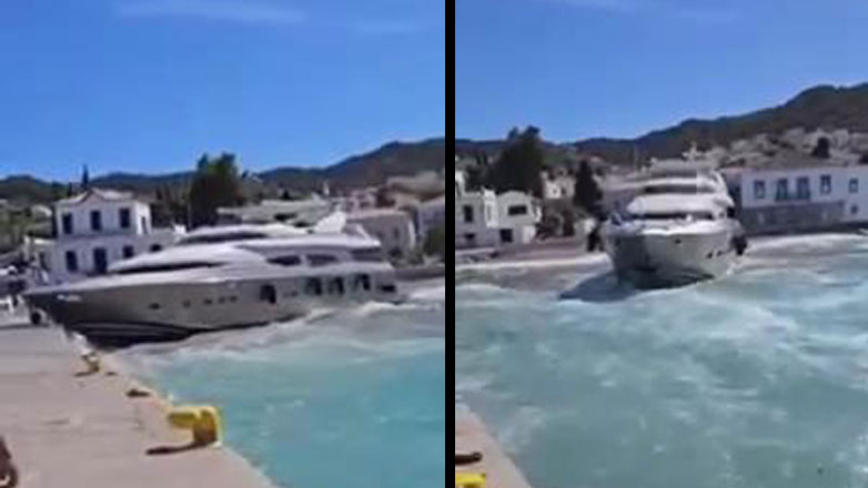 Σπέτσες: Η στιγμή που η θαλαμηγός παρασύρεται από τους ισχυρούς ανέμους και χτυπάει στην προβλήτα