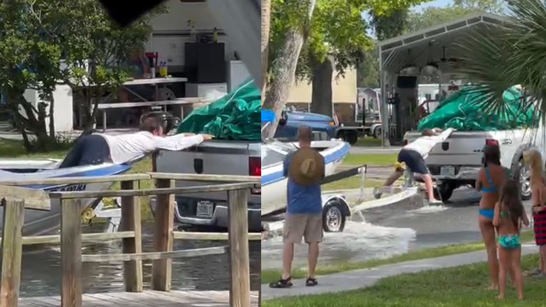 Άνδρας επιχειρεί να ρυμουλκήσει μια βάρκα με το σώμα του