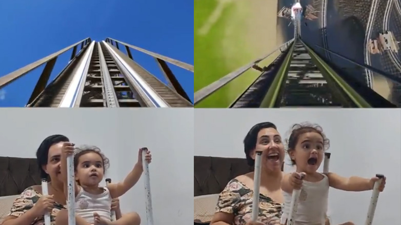 Mικρό κορίτσι κάνει μια φθηνή βόλτα με τρενάκι