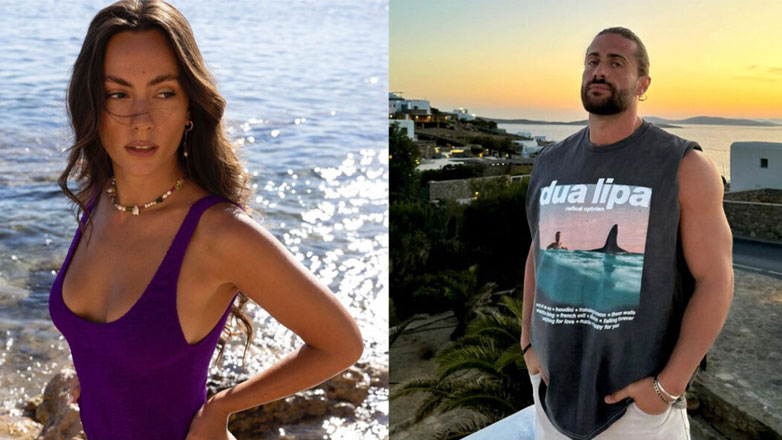 Ο Κωνσταντίνος Βασάλος και η Μαρία Παπαγεωργίου φωτογραφίζονται με φόντο το ηλιοβασίλεμα της Αμοργού