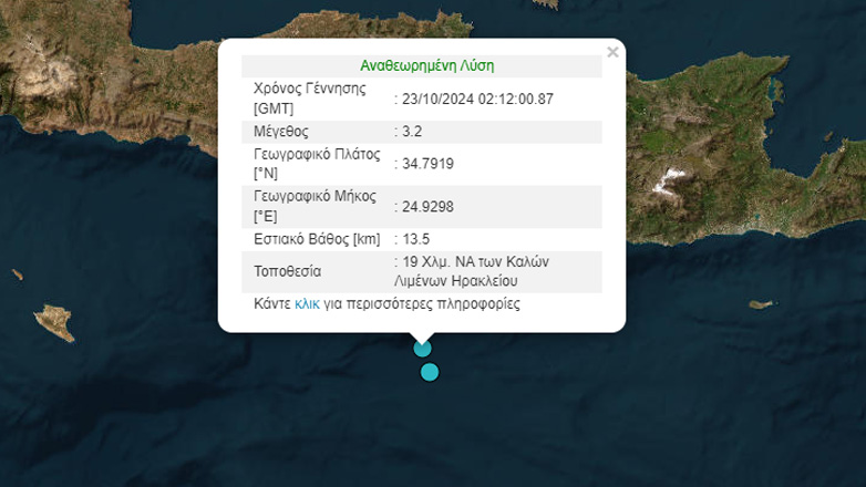 Νέος σεισμός 3,2 Ρίχτερ ανοιχτά του Ηρακλείου