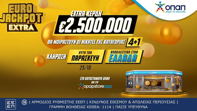 Eurojackpot Extra: Επιπλέον 2,5 εκατ. ευρώ στους νικητές της κατηγορίας 4+1 και στην κλήρωση της Παρασκευής