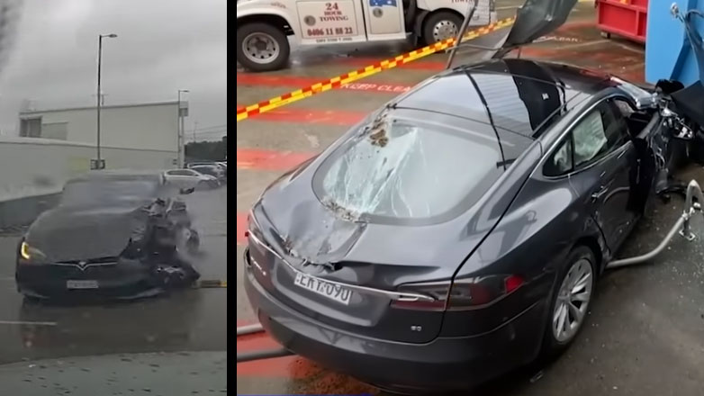 «Αφηνιασμένο» Tesla τράκαρε 3 οχήματα και μετά έπεσε στο κενό από υπερυψωμένο παρκινγκ (Βίντεο)
