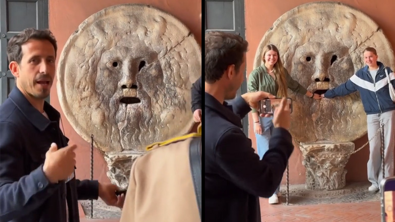 Ο ξεναγός μπροστά από το «Στόμα της Αλήθειας» είναι ειδικός στη λήψη φωτογραφιών