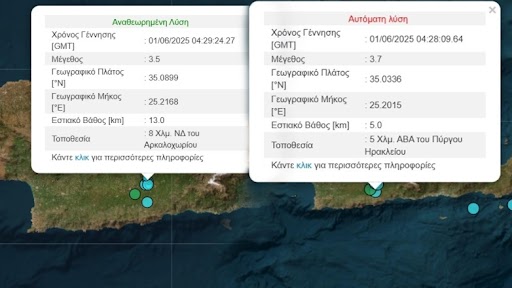 Δύο απανωτοί σεισμοί στην Κρήτη με 3,5 και 3,7 Ρίχτερ