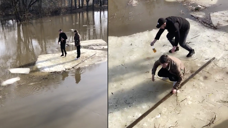 Δύο άντρες επιπλέουν σε ένα ποτάμι πάνω σε ένα κομμάτι πάγου