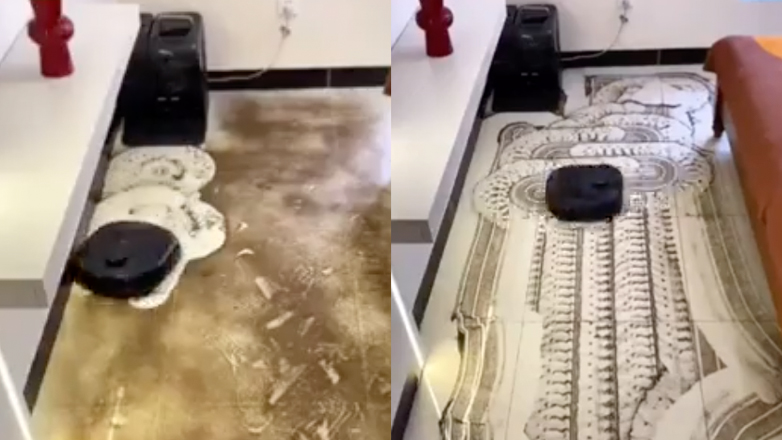 Μια σκούπα ρομπότ καθαρίζει ένα πολύ βρώμικο σαλόνι