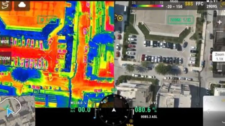 Θερμική απεικόνιση σε πάρκινγκ δείχνει διαφορά 20°C ανάμεσα στο τσιμέντο και το γρασίδι Θερμική απεικόνιση σε πάρκινγκ δείχνει διαφορά 20°C ανάμεσα στο τσιμέντο και το γρασίδι