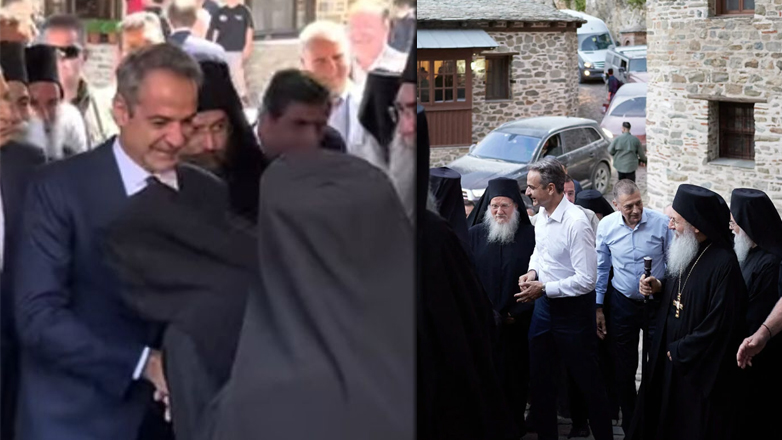 Μοναχός φιλάει το χέρι του Μητσοτάκη