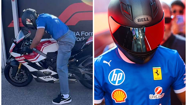 Ο Hamilton φθάνει με Panigale Τricolore στο paddock της Monza