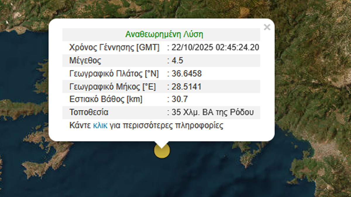 Σεισμός 4,5 Ρίχτερ ανοιχτά της Ρόδου