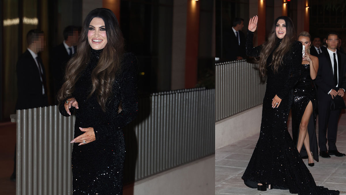 Κίμπερλι Γκίλφοϊλ: Με μαύρο φόρεμα με παγιέτες, ψηλά τακούνια και έντονο μακιγιάζ στην πρώτη της εμφάνιση στην Αθήνα