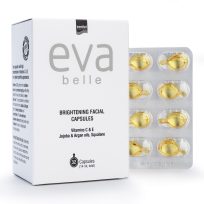Alternative text: Συσκευασία του προϊόντος Eva Belle BRIGHTENING FACIAL CAPSULES από την InterMed.