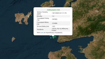 Σεισμός 3,2 Ρίχτερ βορειοδυτικά της Λέσβου