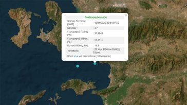 Σεισμός 3,7 Ρίχτερ βορειοανατολικά της Σάμου