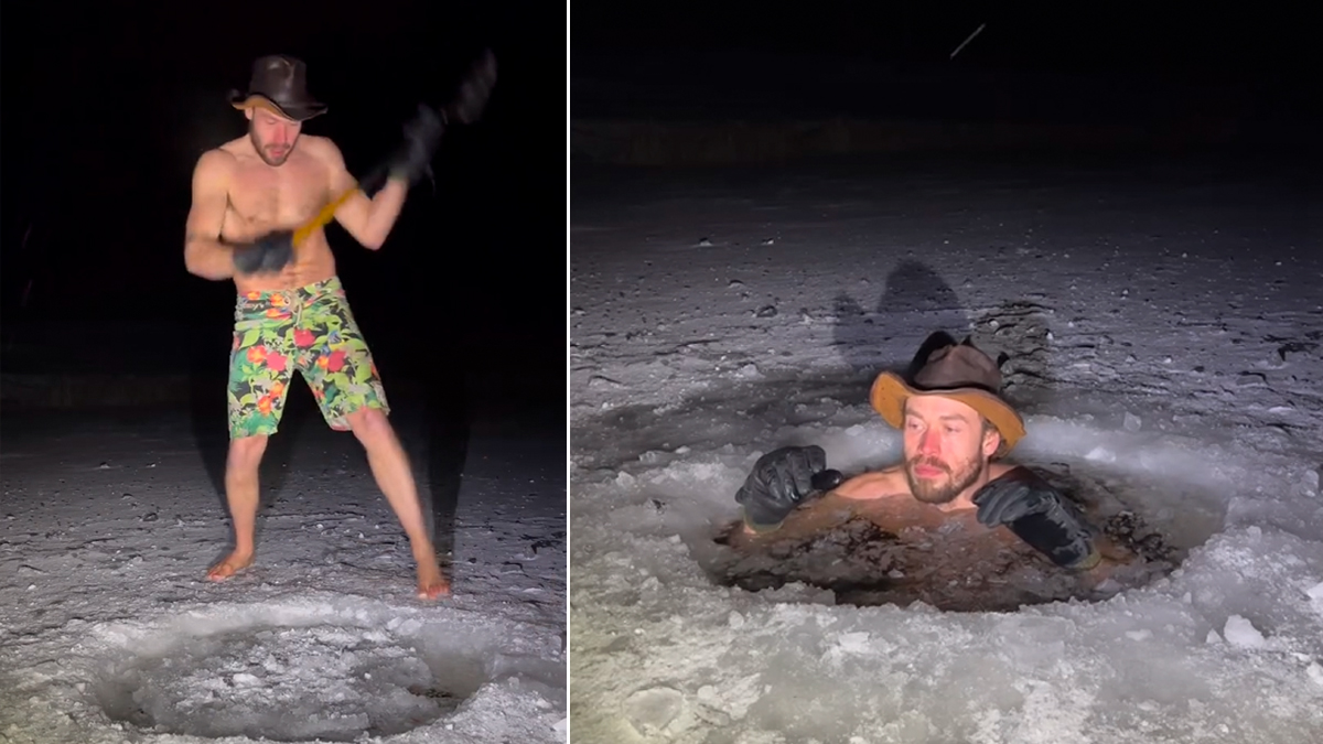 Άνδρας με τσεκούρι σπάει τον πάγο σε λίμνη και βουτάει