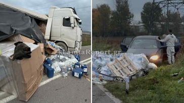 Εκτροπή νταλίκας στη Θήβα – Γέμισε το οδόστρωμα τσιμέντα και εξετράπη ΙΧ