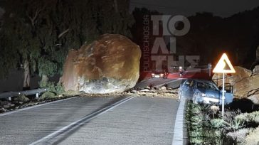 Χίος: Τεράστιος βράχος κατέληξε στον δρόμο