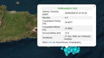 Σεισμός 4,3 Ρίχτερ ανοιχτά της Κρήτης
