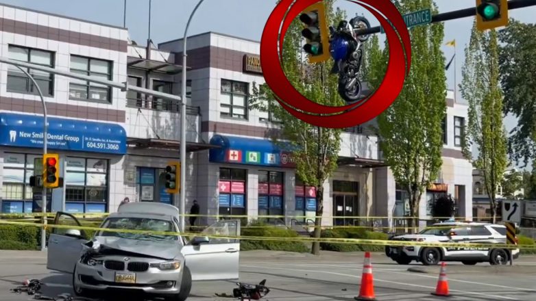 Δεν είναι ΑΙ: Μηχανή κρεμόταν από το φανάρι μετά από σφοδρή σύγκρουση με Ι.Χ. (Βίντεο)