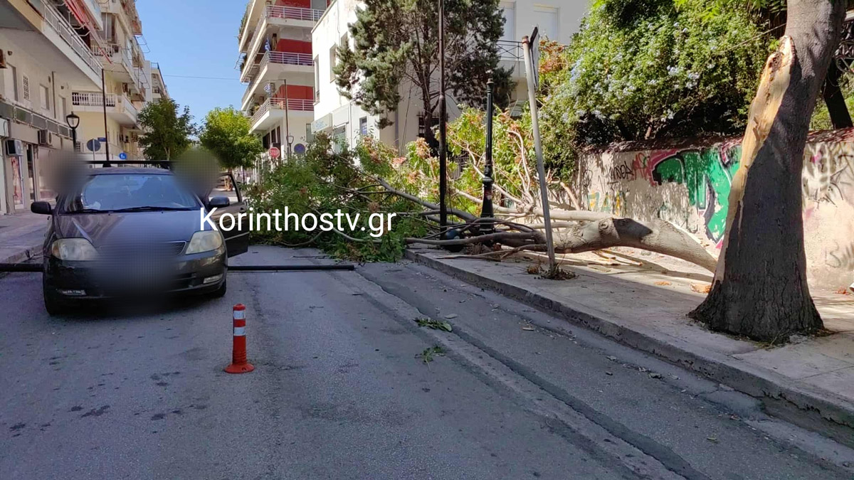 Κόρινθος: Φορτηγό παρέσυρε κλαδί δέντρου και έριξε στύλο πάνω σε όχημα
