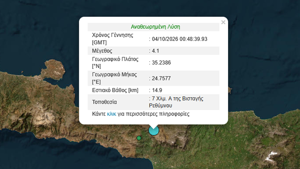 Σεισμός 4,1 Ρίχτερ στο Ρέθυμνο