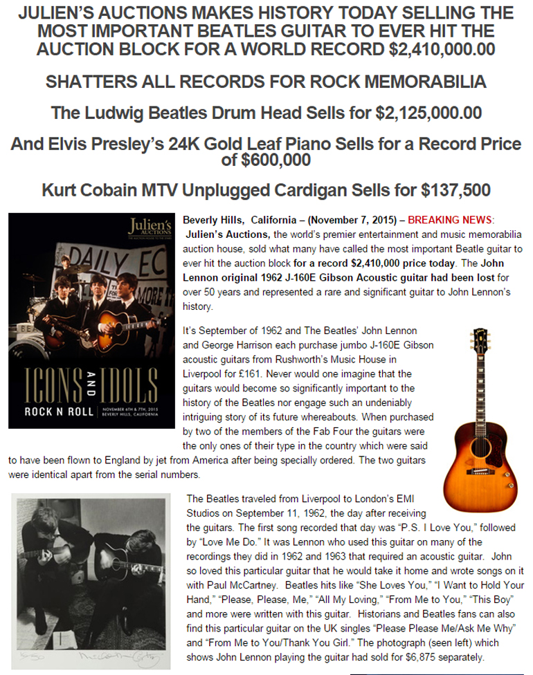 Η ανακοίνωση του οίκου Julien’s Auctions για την πώληση της κιθάρας 