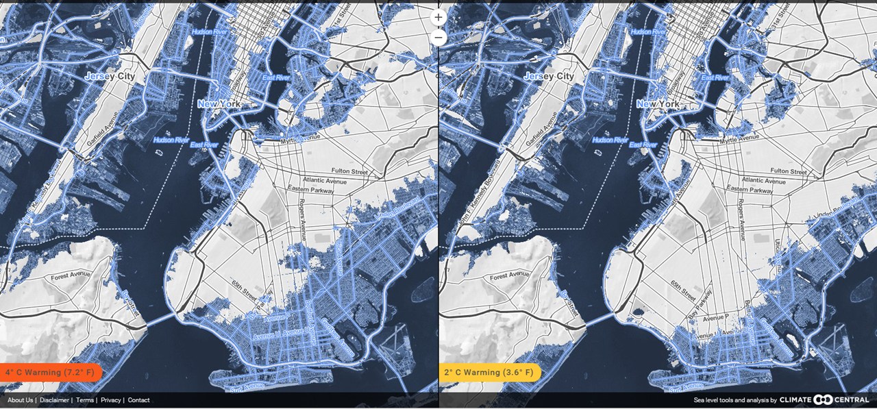 Ένας σύνδεσμος στην ιστοσελίδα του Climate Central δείχνει τις επιπτώσεις της κλιματικής αλλαγής ανά μεγάλη παράκτια πόλη