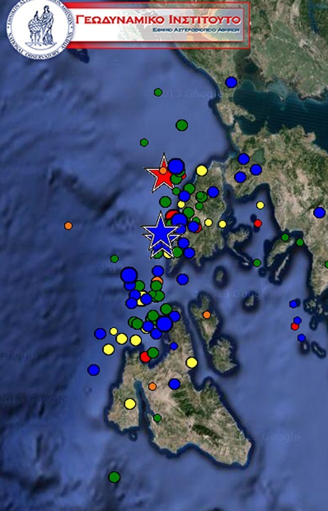 Xάρτης της Λευκάδας και της Κεφαλονιάς με τις σεισμικές δονήσεις