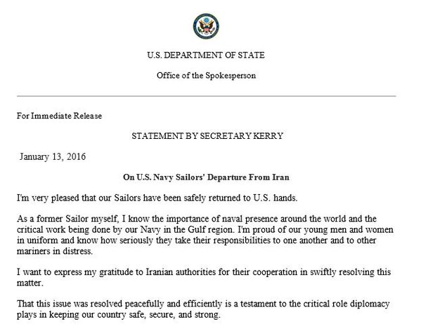 Η ευχαριστήρια επιστολή του Τζον Κέρι προς τις ιρανικές Αρχές για την απελευθέρωση των ναυτών