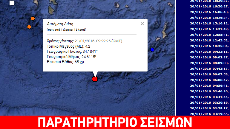Σεισμός 4,2R νοτίως της Κρήτης