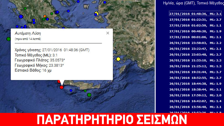 Ασθενής σεισμός 3,1R κοντά στην Κρήτη