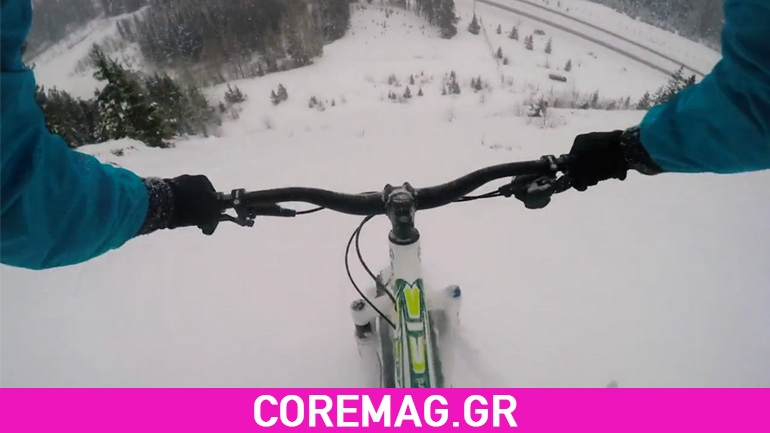 POV video: fat bike σε χιονισμένη πλαγιά