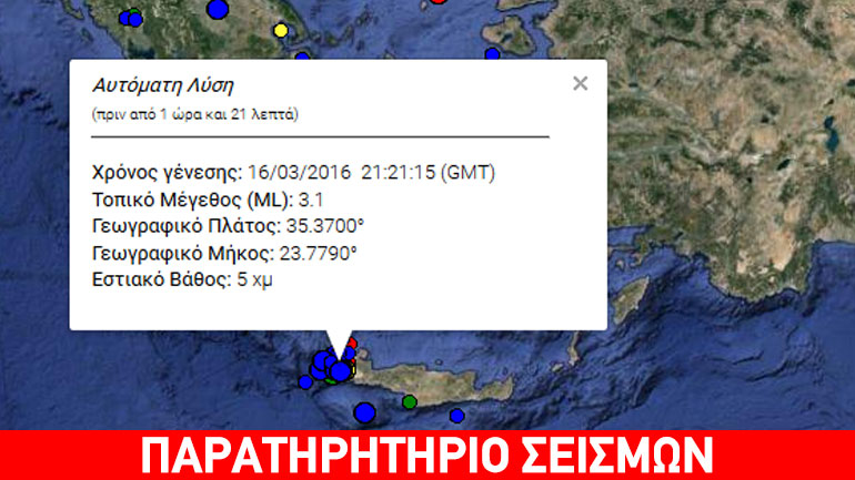 Σεισμός 3,1R νοτιοδυτικά των Χανίων