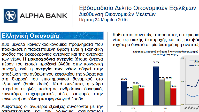 Alpha Bank: Η ανεργία το μεγαλύτερο πρόβλημα