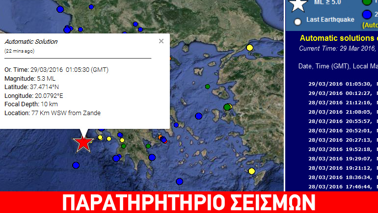 Σεισμός 5,3R νοτιοδυτικά της Ζακύνθου