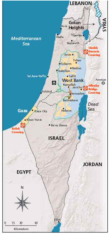 Η κατεχόμενη από το Ισραήλ παλαιστινιακή γη. Με κίτρινο σημειώνεται όπου έχουν περιορισθεί οι Παλαιστίνιοι (Χάρτης του ΟΗΕ).