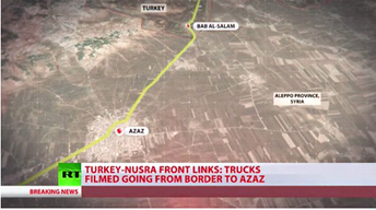 Φωτογραφία από βιντεοσκόπηση της μεθοριακής διάβασης Bab al-Salam από το RT που δείχνει οχήματα ανεφοδιασμού να διασχίζουν τα σύνορα με κατεύθυνση το Αζάζ
