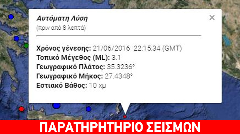Ασθενής σεισμική δόνηση 3,1R ανοιχτά της Καρπάθου