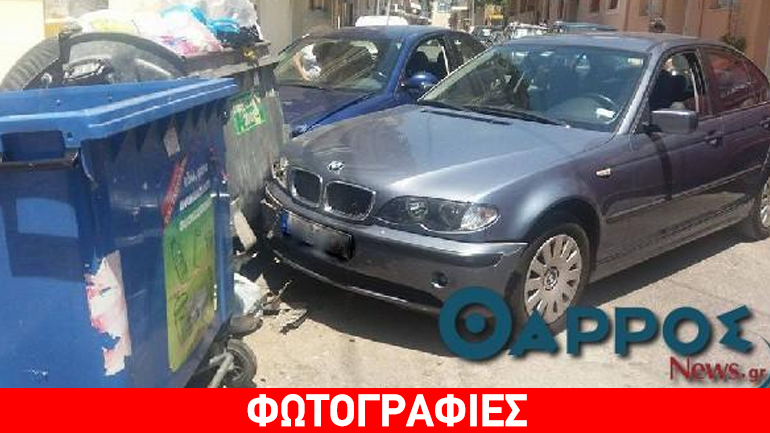 Καλαμάτα: Το αυτοκίνητο «καρφώθηκε» στον κάδο απορριμμάτων