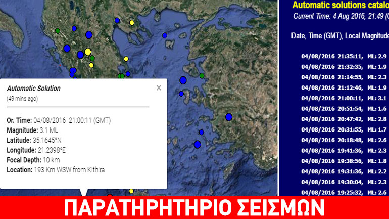 Σεισμική δόνηση 3,1R κοντά στα Κύθηρα