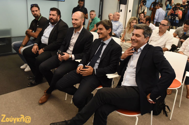 Ο Φραγκίσκος Αλβέρτης, ο πρόεδρος του Παναθηναϊκού Δημήτρης Γιαννακόπουλος, ο Πέτρ Ματεγιόφσκι και ο Οδυσσέας Χριστοφόρου (ΟΠΑΠ)